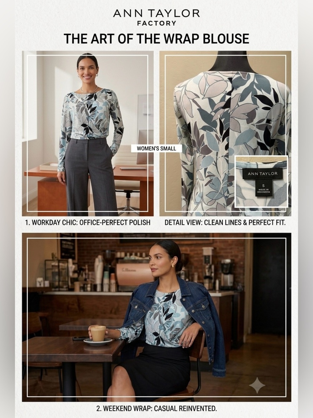 Ann Taylor Long-Sleeve Leaf-Print Wrap-Style Top Dress in Light Blue & Black